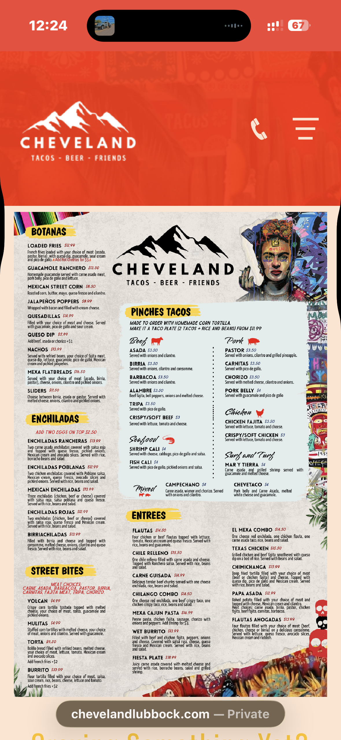 Cheveland current menu, page one